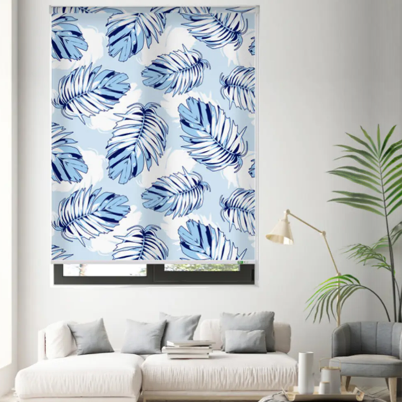 Custom Designed Roller Shades in Spacious Living Area with Personalized Printed Window Covering