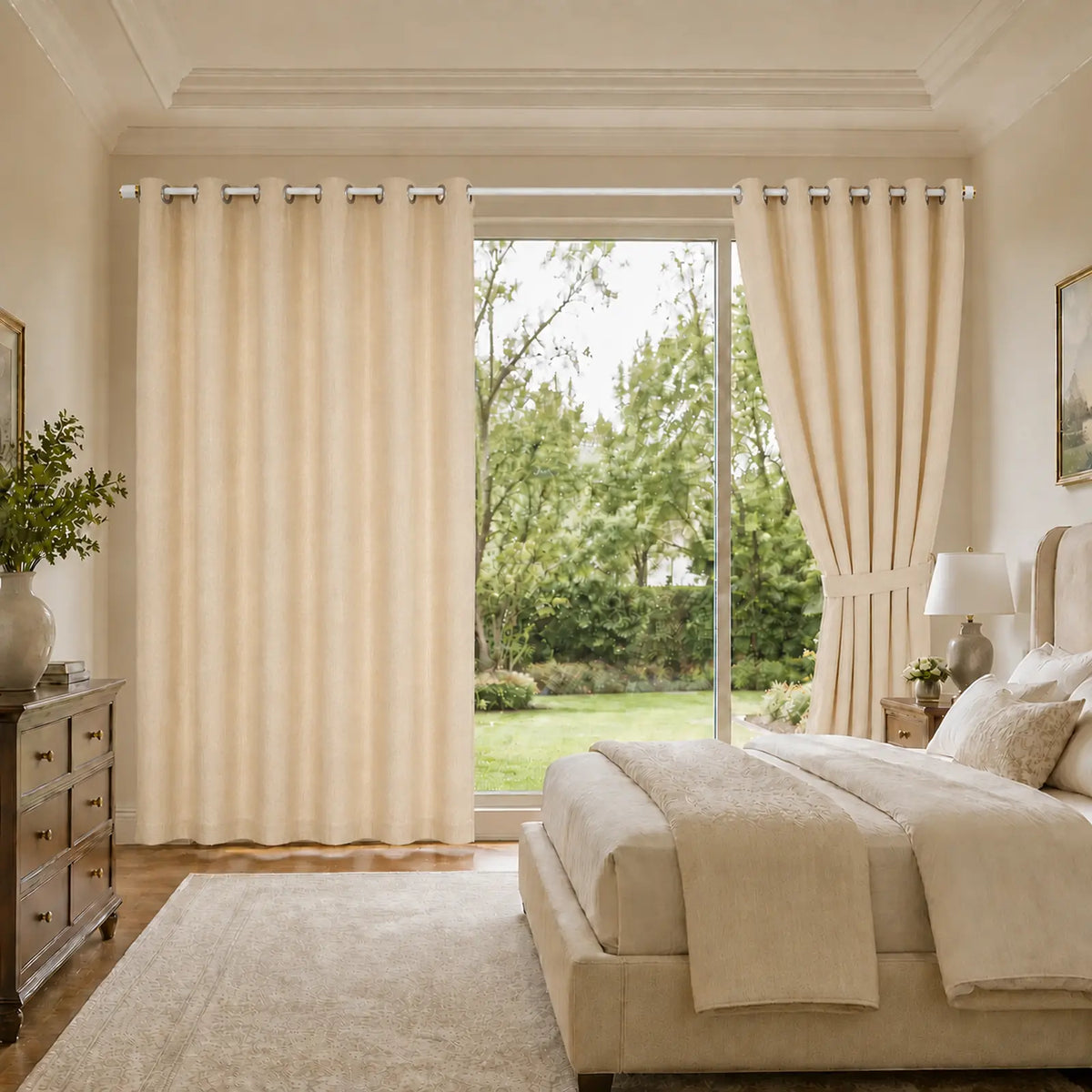 Custom Curtains, 100% Polyester Drapes, Made to Measure beige grommet window curtains for master bedroom with garden view
