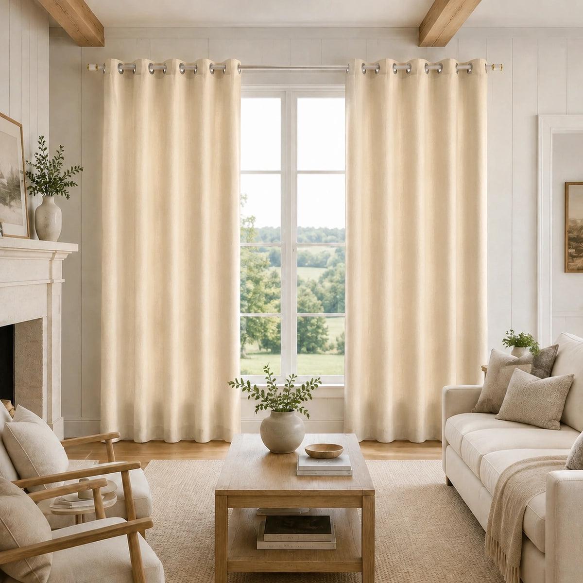 Custom Curtains, 100% Polyester Drapes, Made to Measure beige grommet drapes in bright living room with white stone fireplace and countryside view