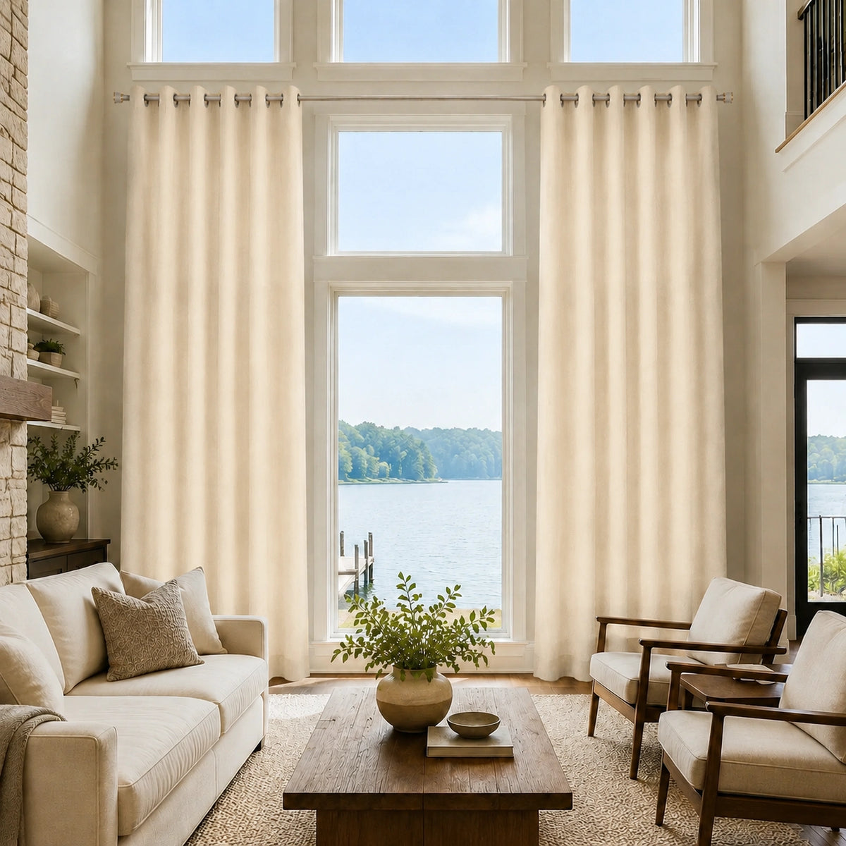 Custom Curtains, 100% Polyester Drapes, Made to Measure cream grommet curtains for extra tall windows, lake view great room
