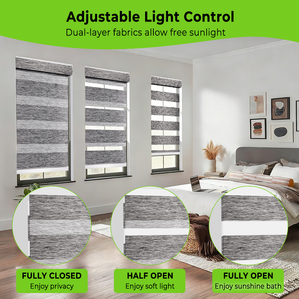 Remote control motorized zebra blinds for bedroom windows showing different blackout and light filtering levels, custom dual layer shades for adjustable privacy and sleep comfort.