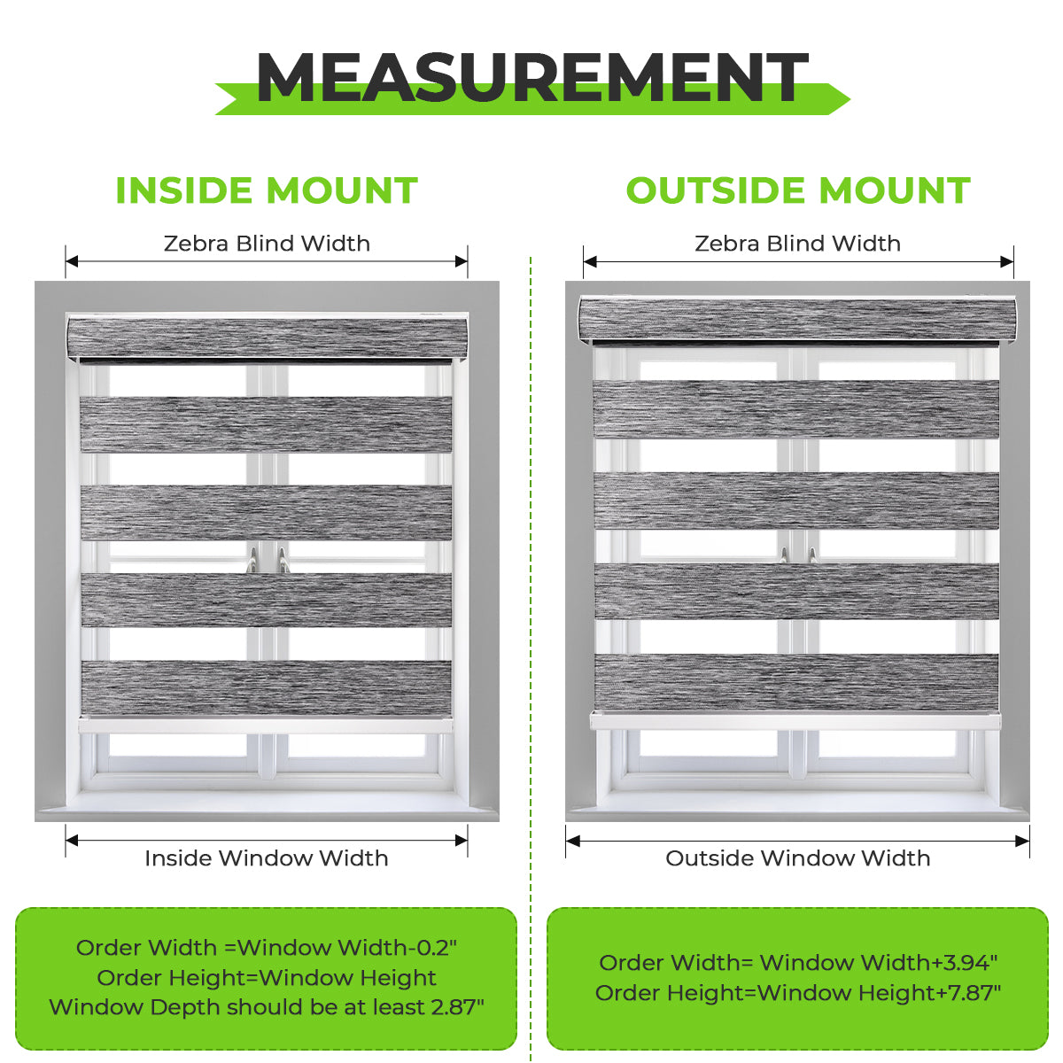 Remote control motorized zebra blinds for bedroom windows showing inside mount vs outside mount measurement comparison, custom made-to-measure shades for perfect fit installation.