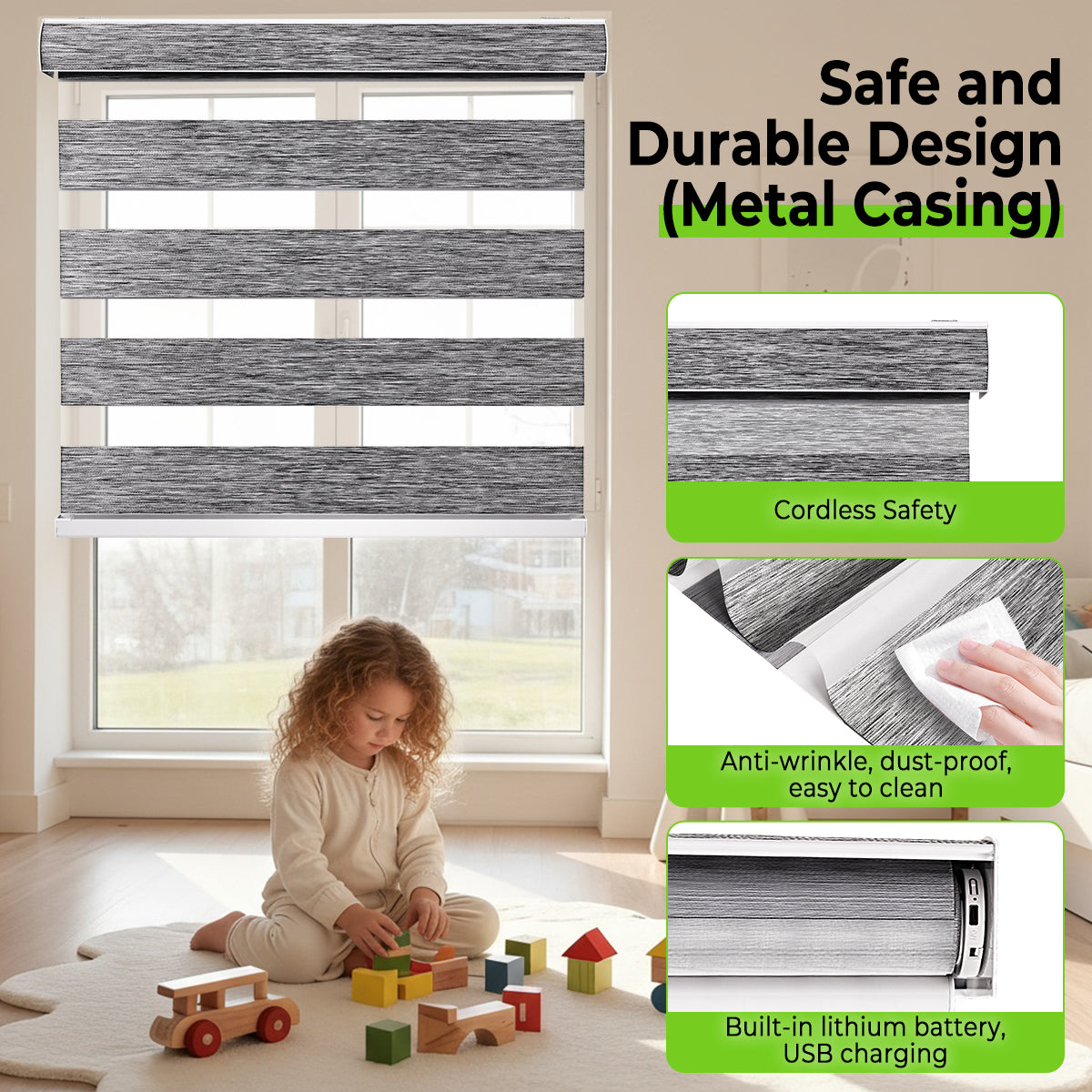 Remote control motorized zebra blinds with safe and durable metal casing, cordless design for child safety, anti-wrinkle and dust-proof fabric, and built-in rechargeable lithium battery with USB charging.