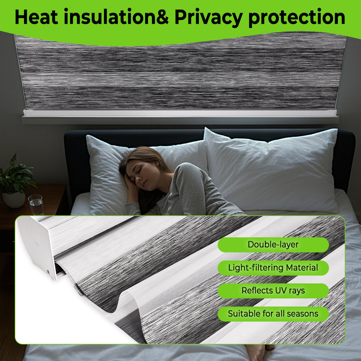Remote control motorized zebra blinds with heat insulation and privacy protection, double-layer light-filtering material that reflects UV rays and provides all-season comfort for windows.