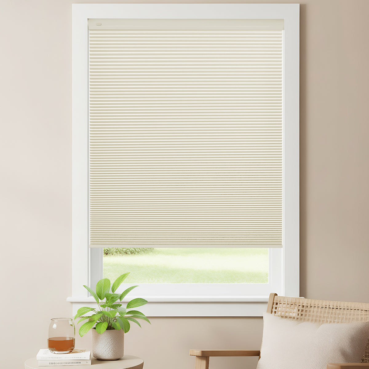 Modern hall with cordless no-drill  blackout apricot honeycomb shades, adjustable light filtering and stylish design