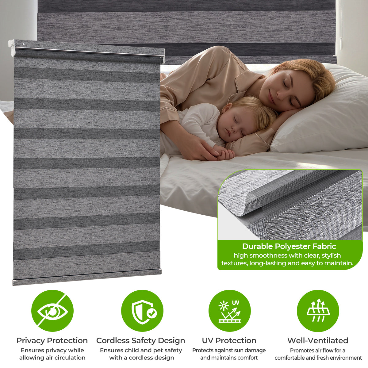 Custom No-Drill Cordless Blackout Zebra Shades, key benefits: privacy protection, child-safe cordless design, UV blocking, breathable durable polyester fabric