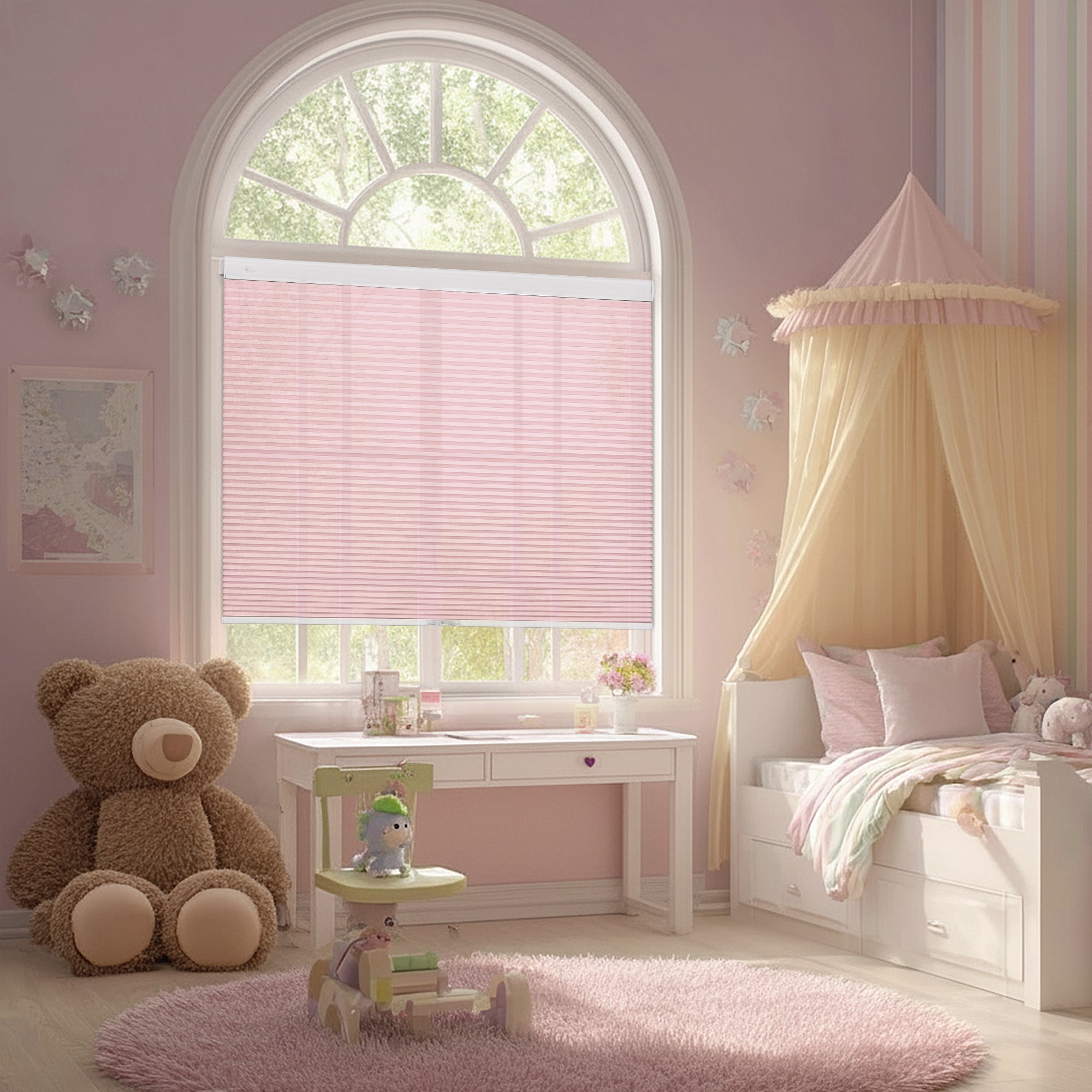 No drill cordless light filtering honeycomb shades installed in a bedroom providing soft natural light and privacy