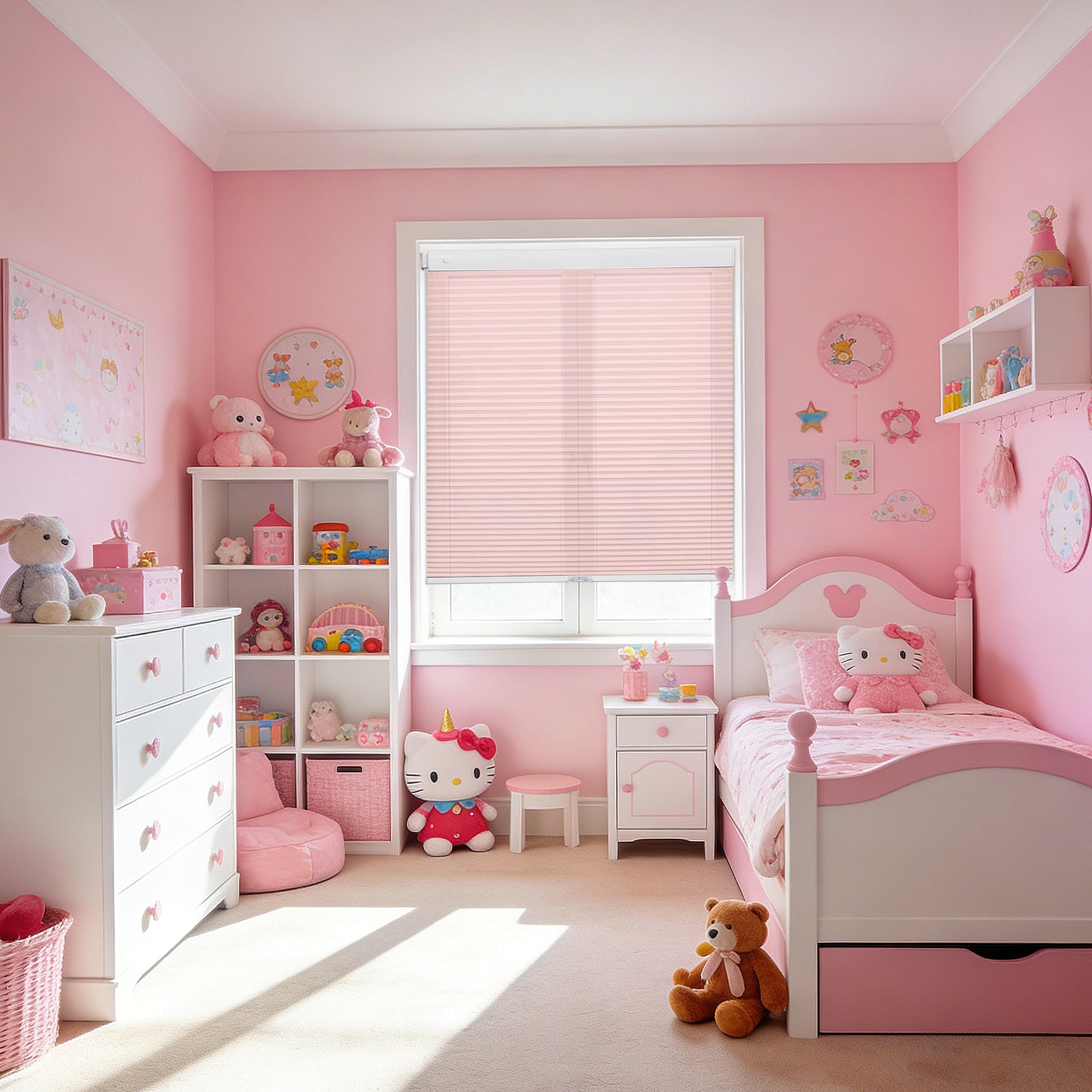Custom no drill cordless light filtering honeycomb shades in a modern bedroom