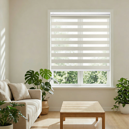 Custom No Drill Cordless Light Filtering Zebra Shades in Modern Living Room