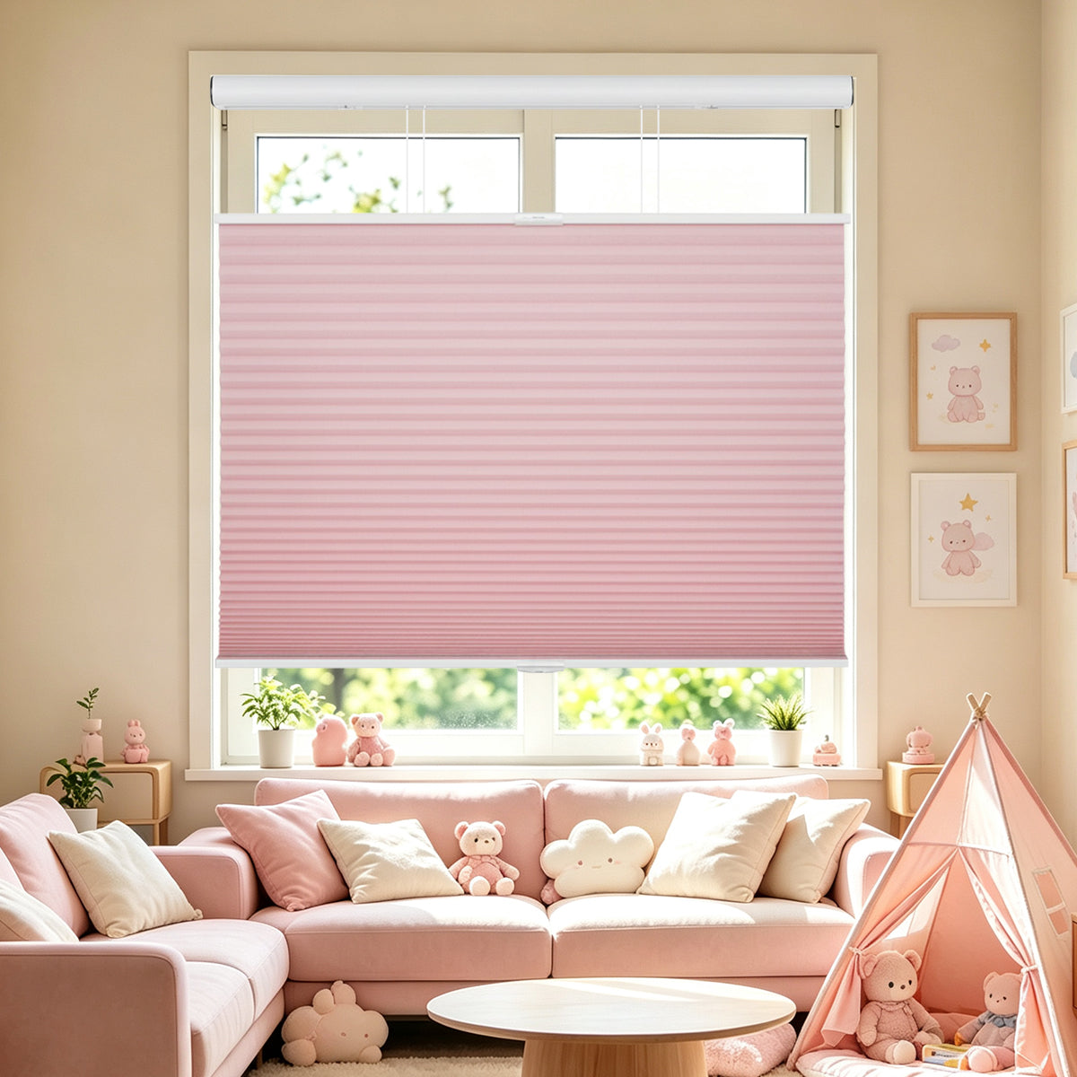 Custom No Drill Cordless Top Down Bottom Up Light Filtering Honeycomb Shades, Pink Inside Mount Cellular Window Blinds for Kids Living Room, Child Safe Design