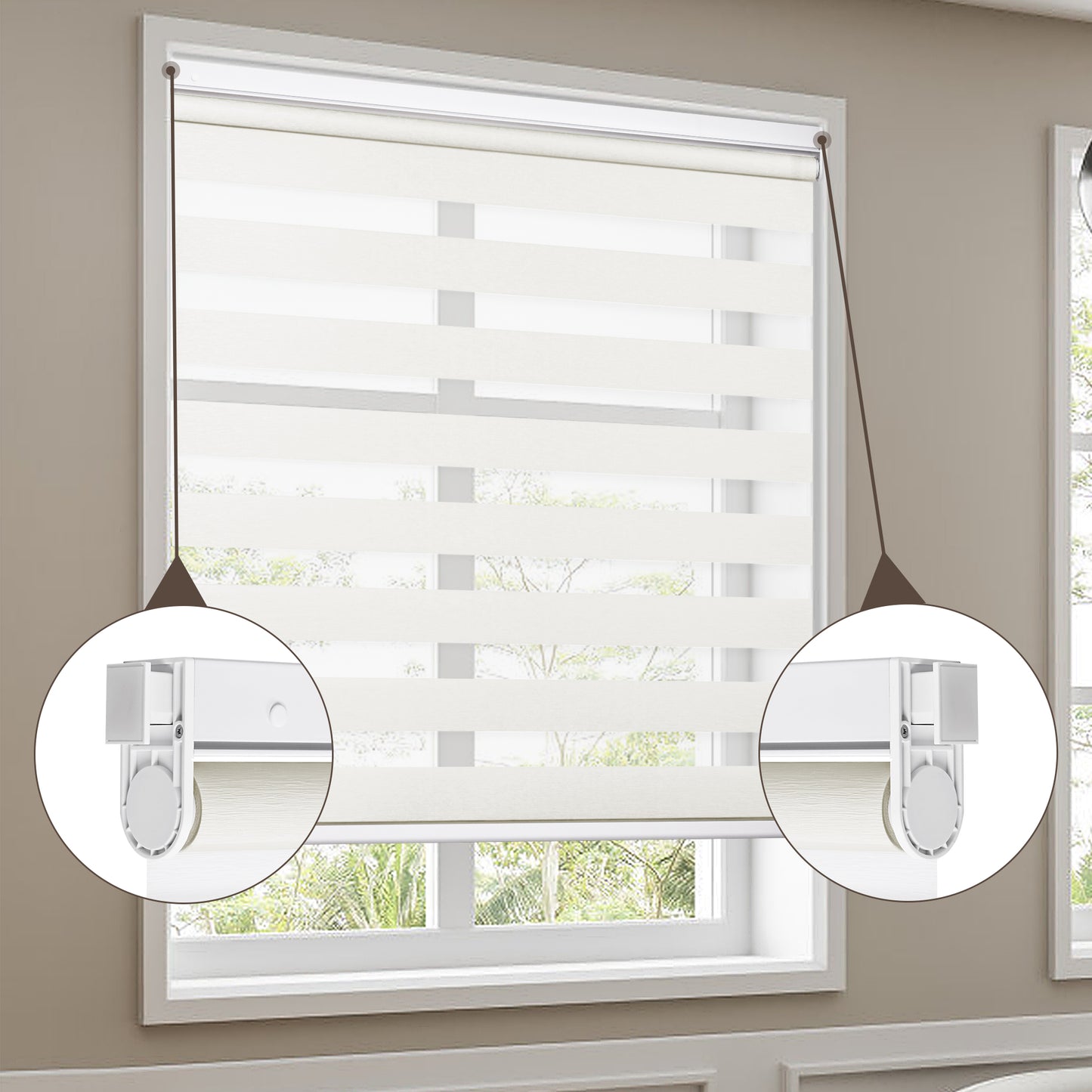 Custom size no drill cordless zebra shades in a modern living room with adjustable light filtering, privacy control, and damage-free installation