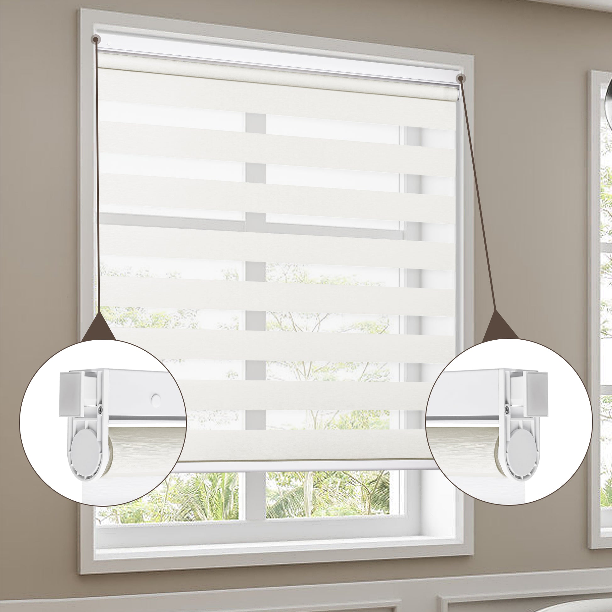 Custom size no drill cordless zebra shades in a modern living room with adjustable light filtering, privacy control, and damage-free installation