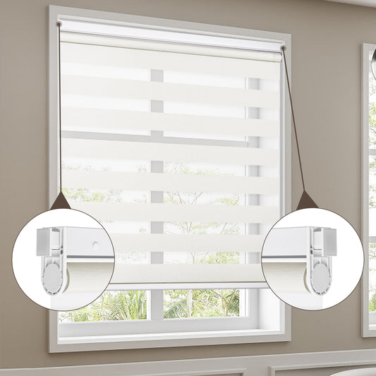 Custom size no drill cordless zebra shades in a modern living room with adjustable light filtering, privacy control, and damage-free installation