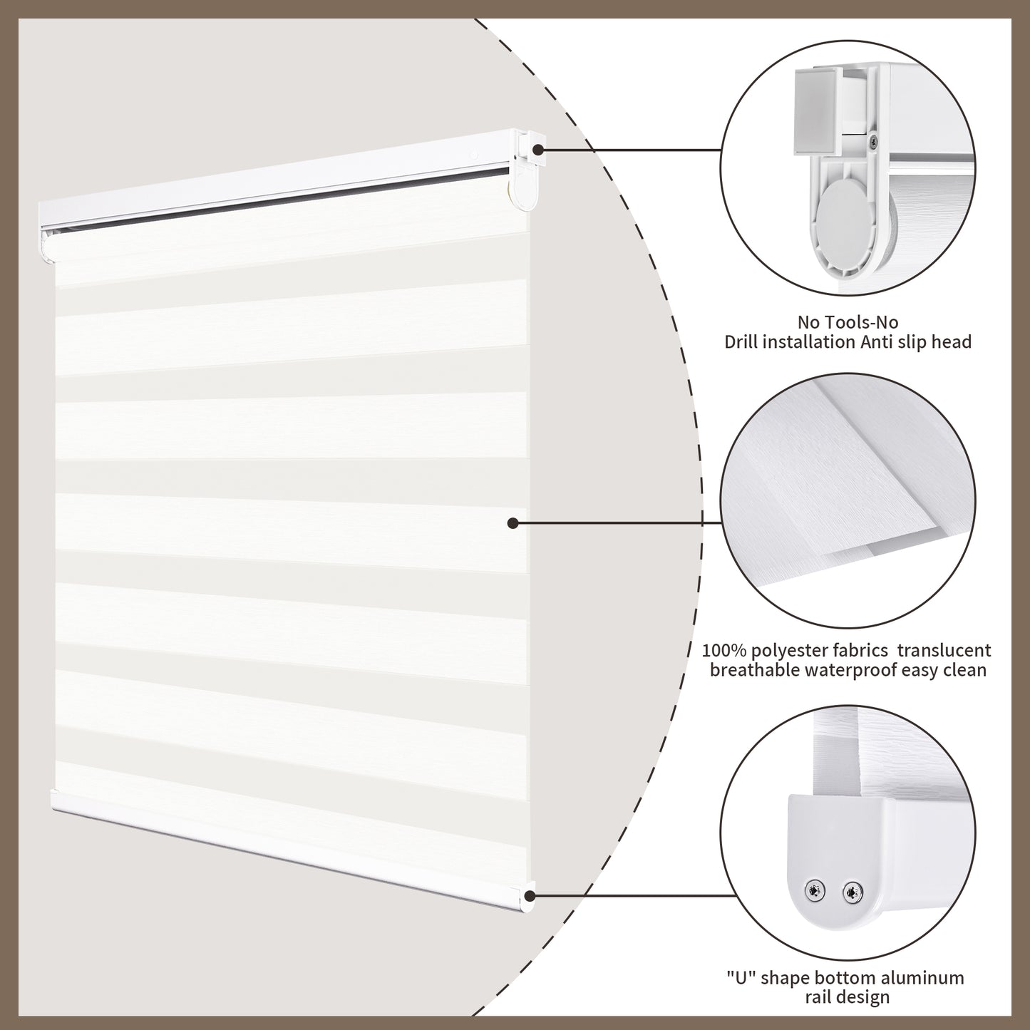 Custom no drill cordless zebra shades featuring waterproof light filtering fabric, tool-free installation system, and durable U-shaped aluminum bottom rail