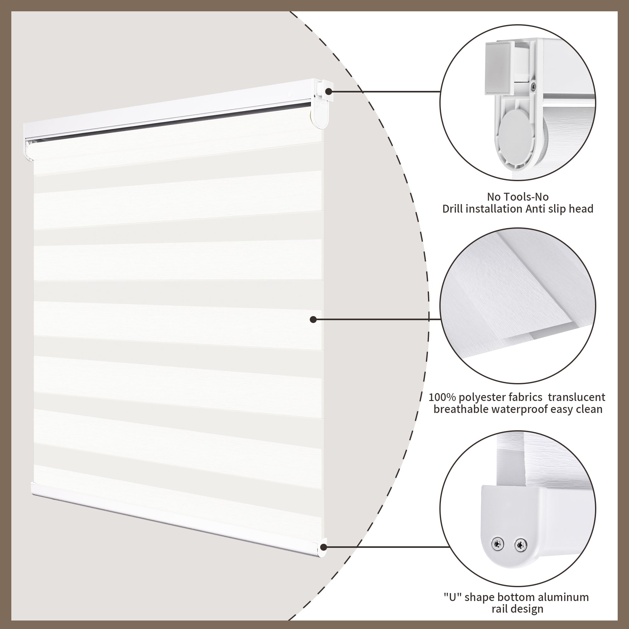 Custom no drill cordless zebra shades featuring waterproof light filtering fabric, tool-free installation system, and durable U-shaped aluminum bottom rail
