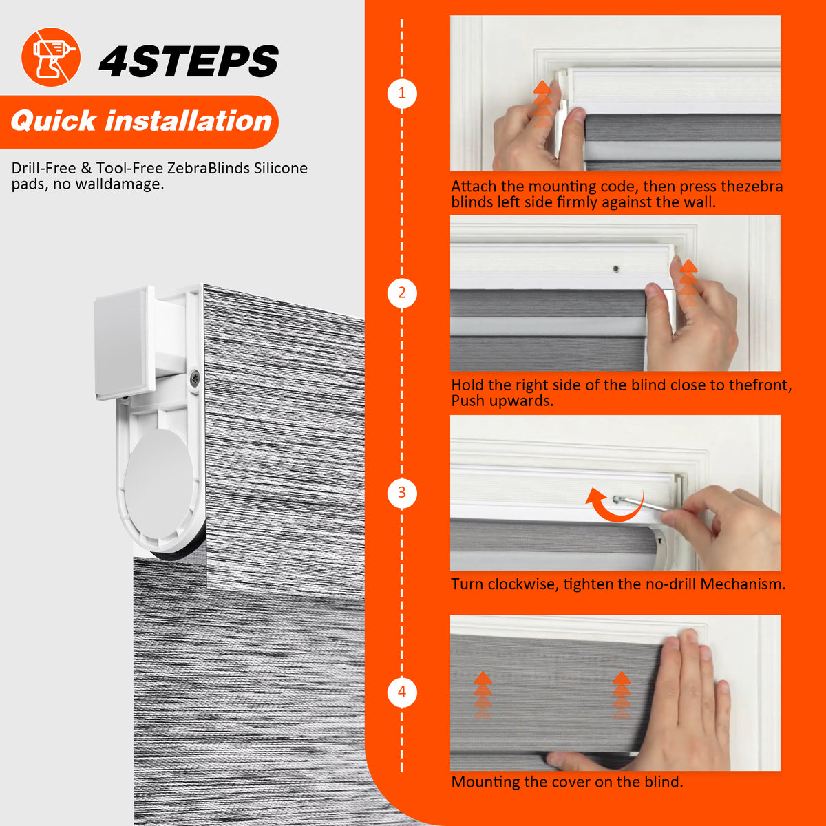 Installation guide for Custom No Drill Motorized Zebra Blinds, showing the quick no-drill mounting process with tool-free brackets for inside and outside window installation.