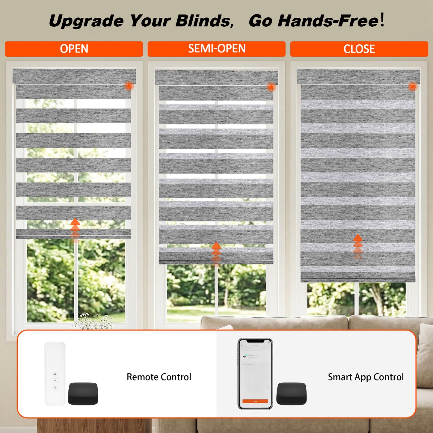 Light control comparison of Custom No Drill Motorized Zebra Blinds, demonstrating open and closed fabric positions for adjustable daylight, glare reduction, and enhanced privacy.