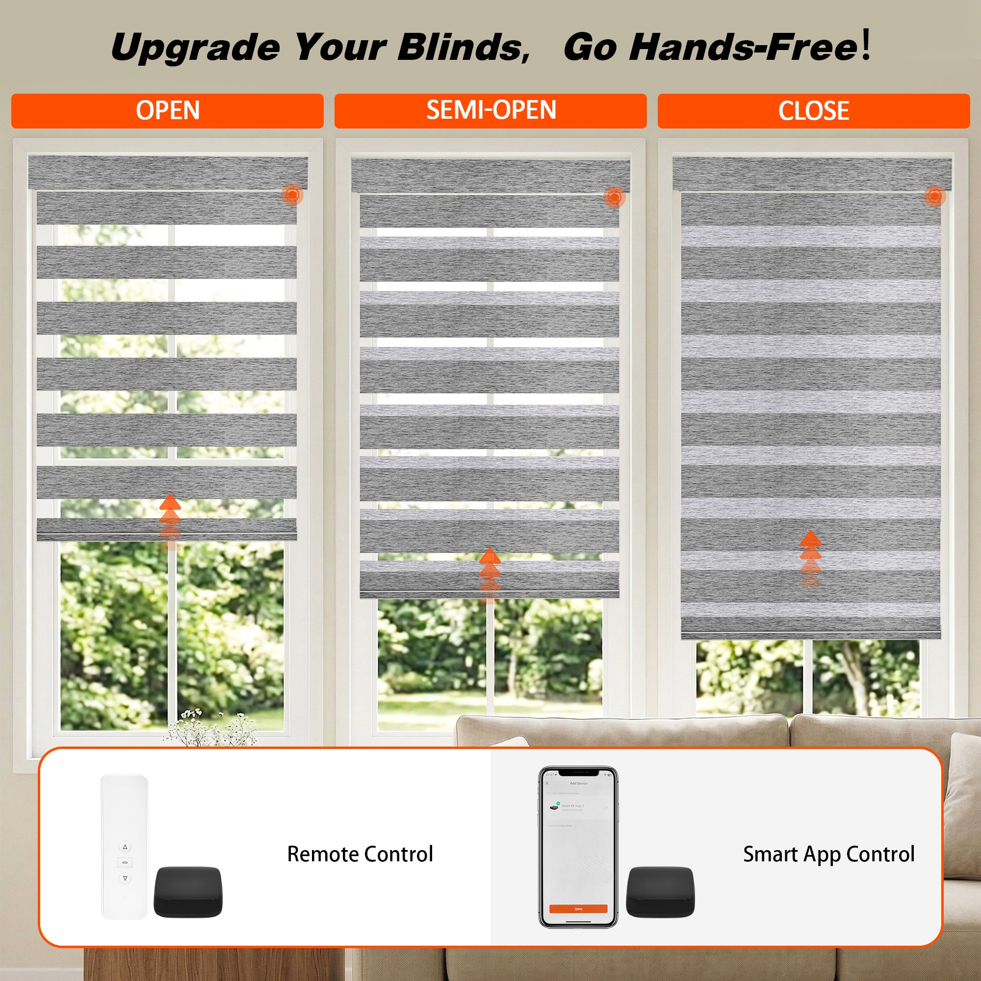 Light control comparison of Custom No Drill Motorized Zebra Blinds, demonstrating open and closed fabric positions for adjustable daylight, glare reduction, and enhanced privacy.