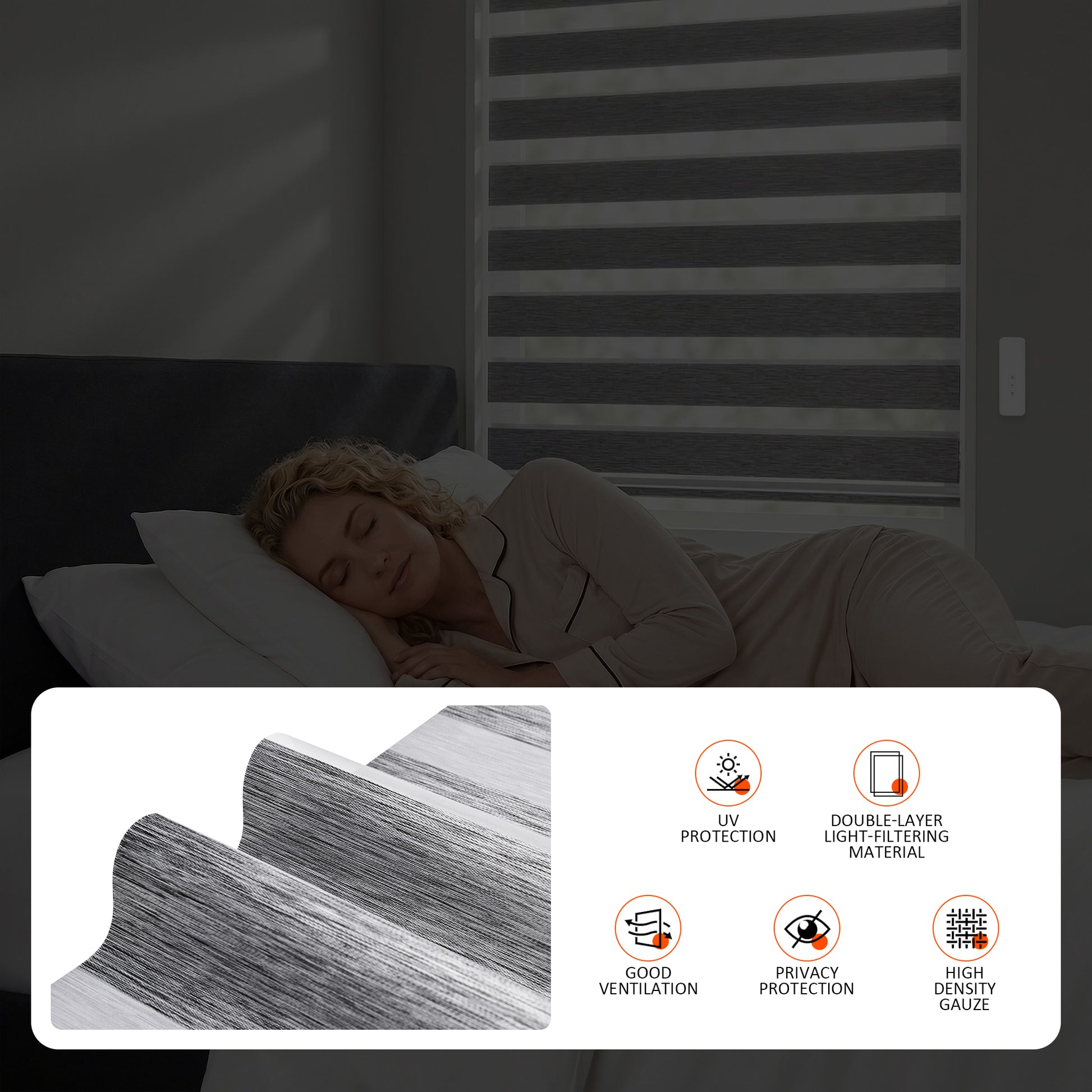 Light filtering effect of Custom No Drill Motorized Zebra Blinds, showing adjustable sheer and solid fabric layers for daylight control, privacy, and modern window coverage.