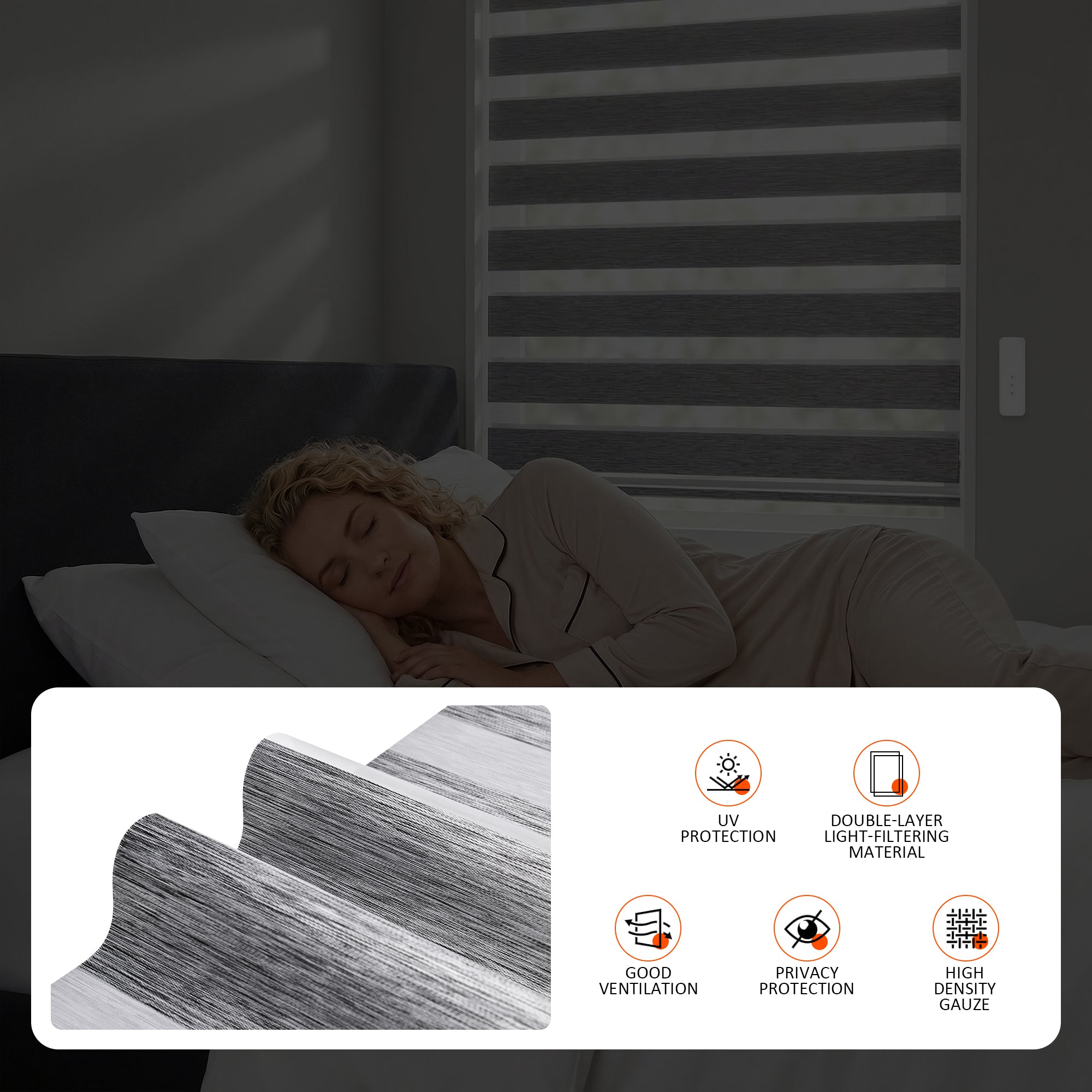 Light filtering effect of Custom No Drill Motorized Zebra Blinds, showing adjustable sheer and solid fabric layers for daylight control, privacy, and modern window coverage.