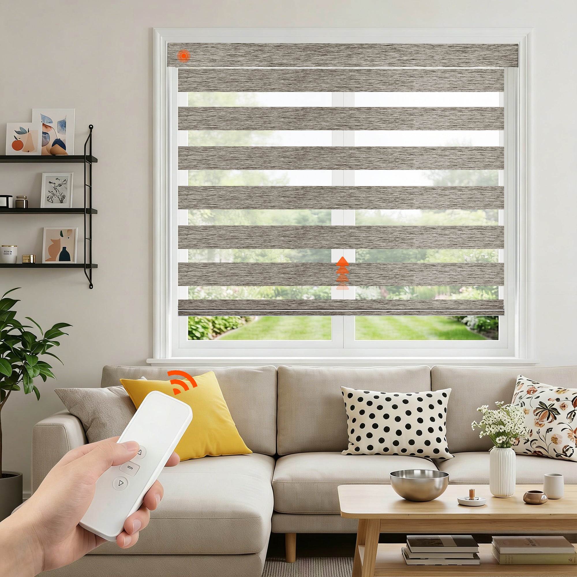 Custom No Drill Motorized Zebra Blinds operated with a remote control in a modern living room, featuring cordless smart operation, adjustable light filtering, and made-to-measure window shades.
