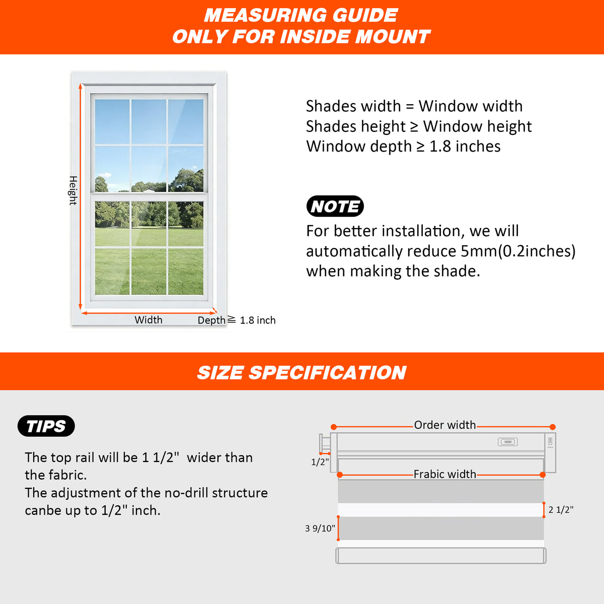 Window measuring guide for Custom No Drill Motorized Zebra Blinds, showing how to measure window width and height accurately for made-to-measure inside and outside mount installation.