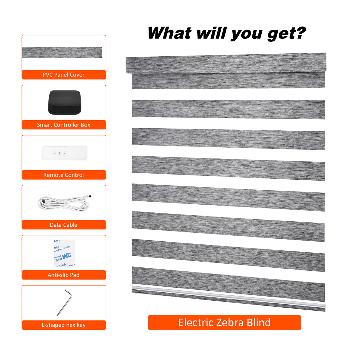 Package contents and accessories for Custom No Drill Motorized Zebra Blinds, including the motorized blind, remote control, mounting brackets, charging cable, installation accessories, and user manual.