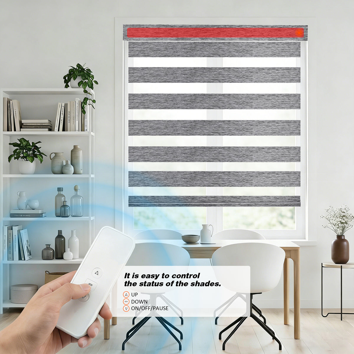 Remote control functions of Custom No Drill Motorized Zebra Blinds, featuring one-touch operation, precise light adjustment, cordless smart control, and adjustable privacy for modern windows.