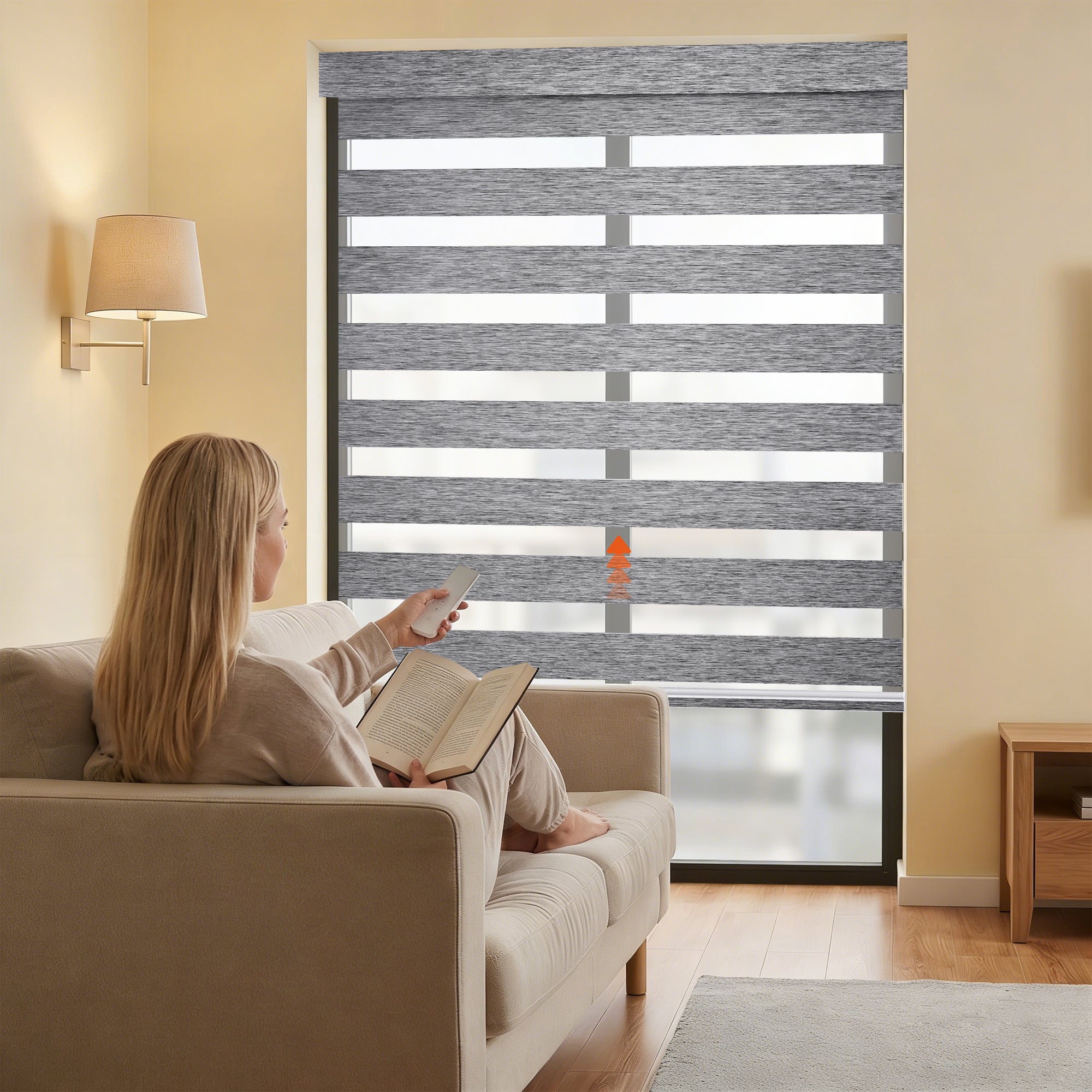 Remote control operation of Custom No Drill Motorized Zebra Blinds, showing smart wireless control for adjusting light levels, privacy, and zebra shade positions.