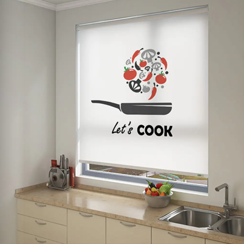 Personalized Custom Image Roller Shades in Kitchen with High Definition Printed Artwork