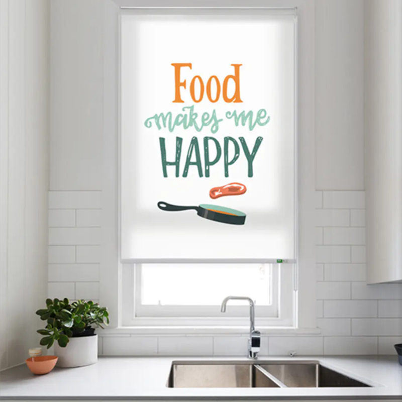 Custom Printed Roller Shades in Kitchen Interior with Personalized Artwork and Cordless Window Covering Design