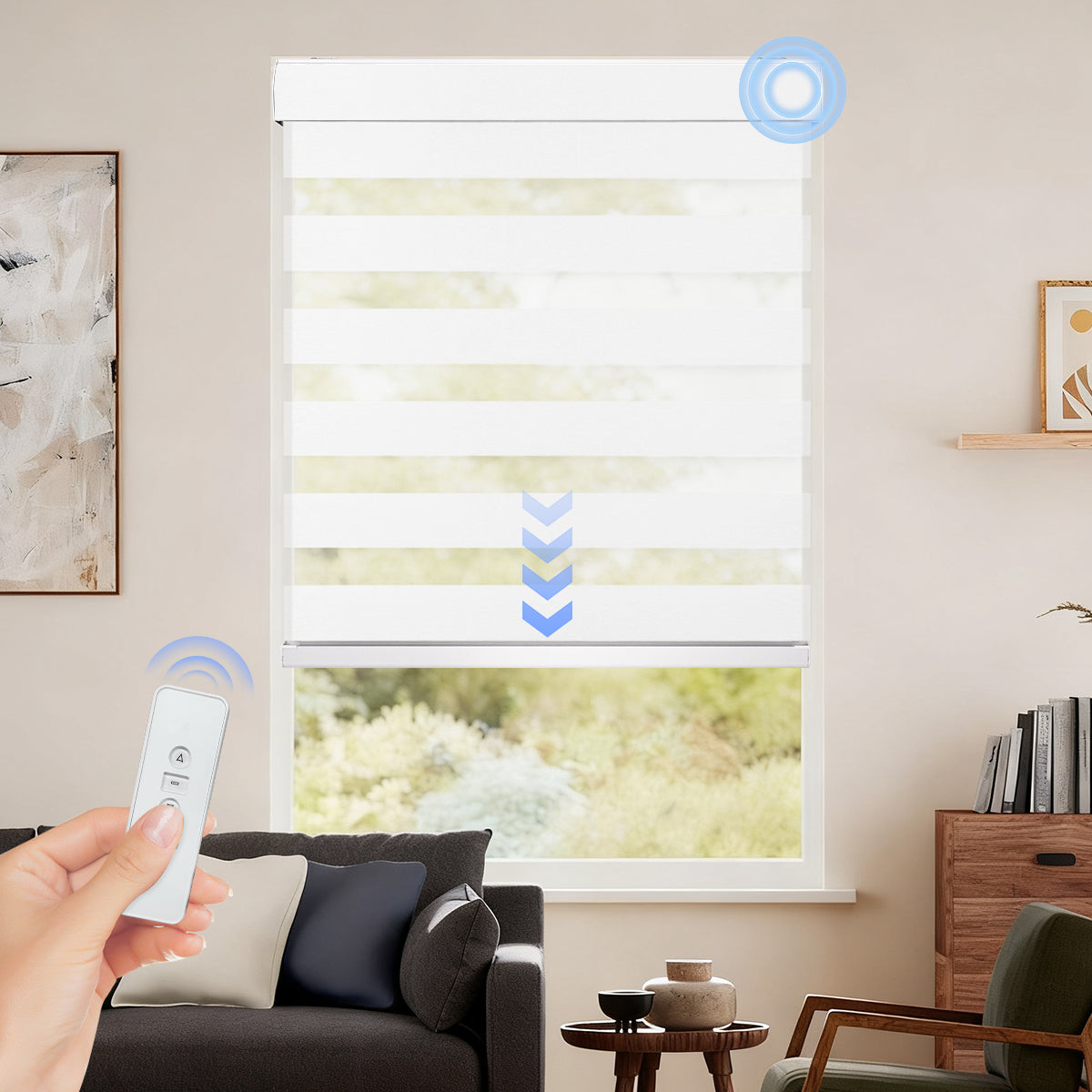 Remote control light filtering zebra blinds for living room windows, custom dual layer shades providing soft daylight control, privacy, and modern home decoration.