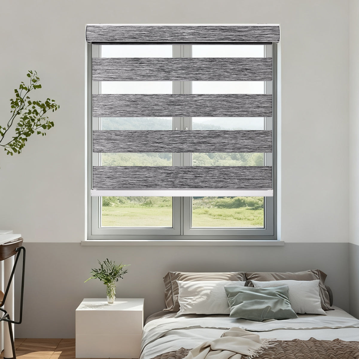 Remote control motorized zebra blinds for bedroom windows, custom dual layer zebra shades with light filtering and privacy control for restful sleep.