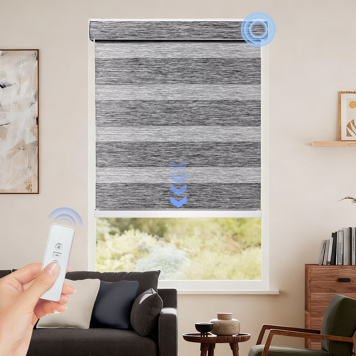 Smart motorized zebra blinds with remote control in a spacious living room, custom day and night shades for effortless light adjustment.