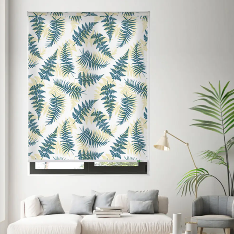 Custom Designed Roller Shades in Spacious Living Area with Personalized Printed Window Covering