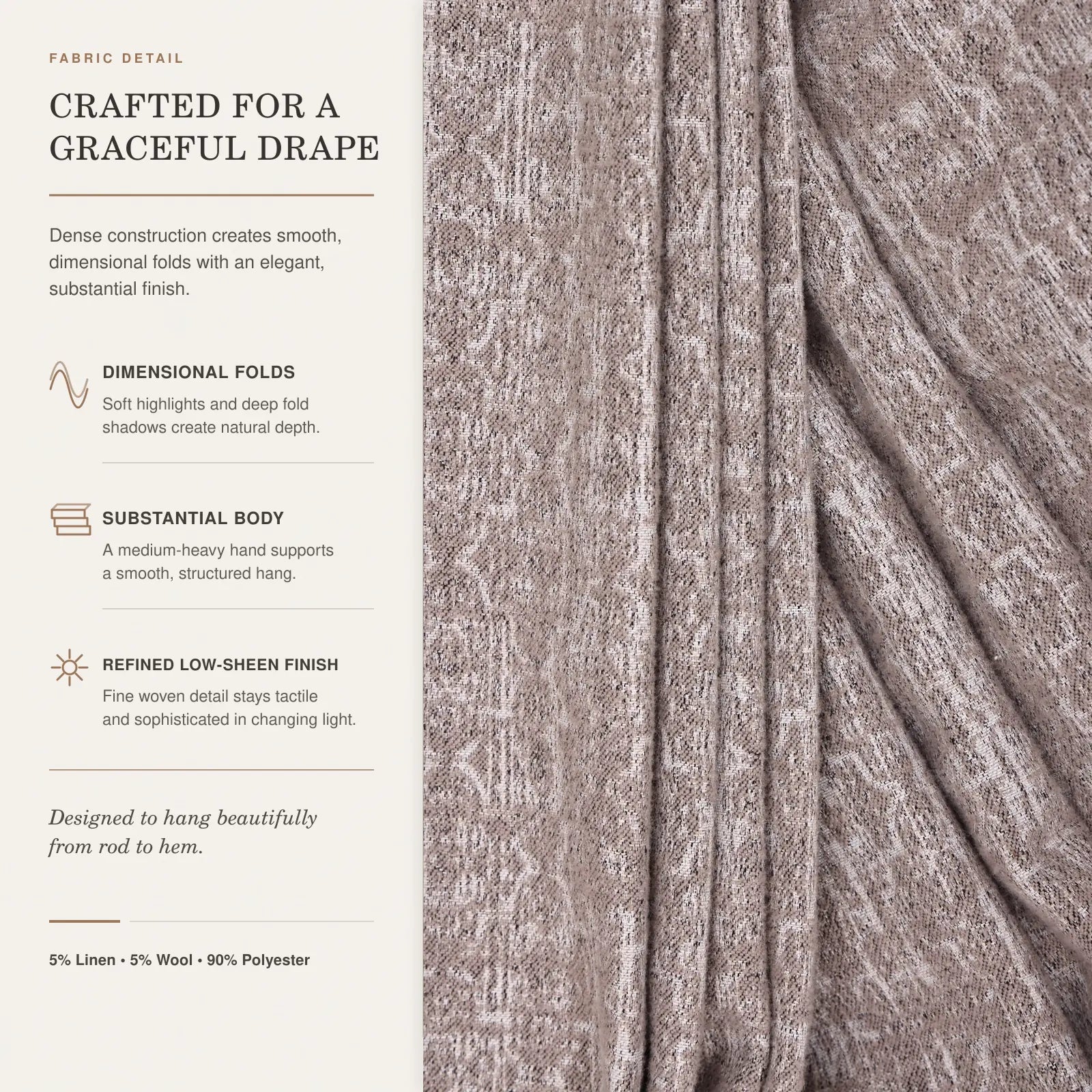 Custom Made-to-Measure Grommet Curtains – Textured Mocha Taupe Window Drapes, 5% Linen, 5% Wool & 90% Polyester