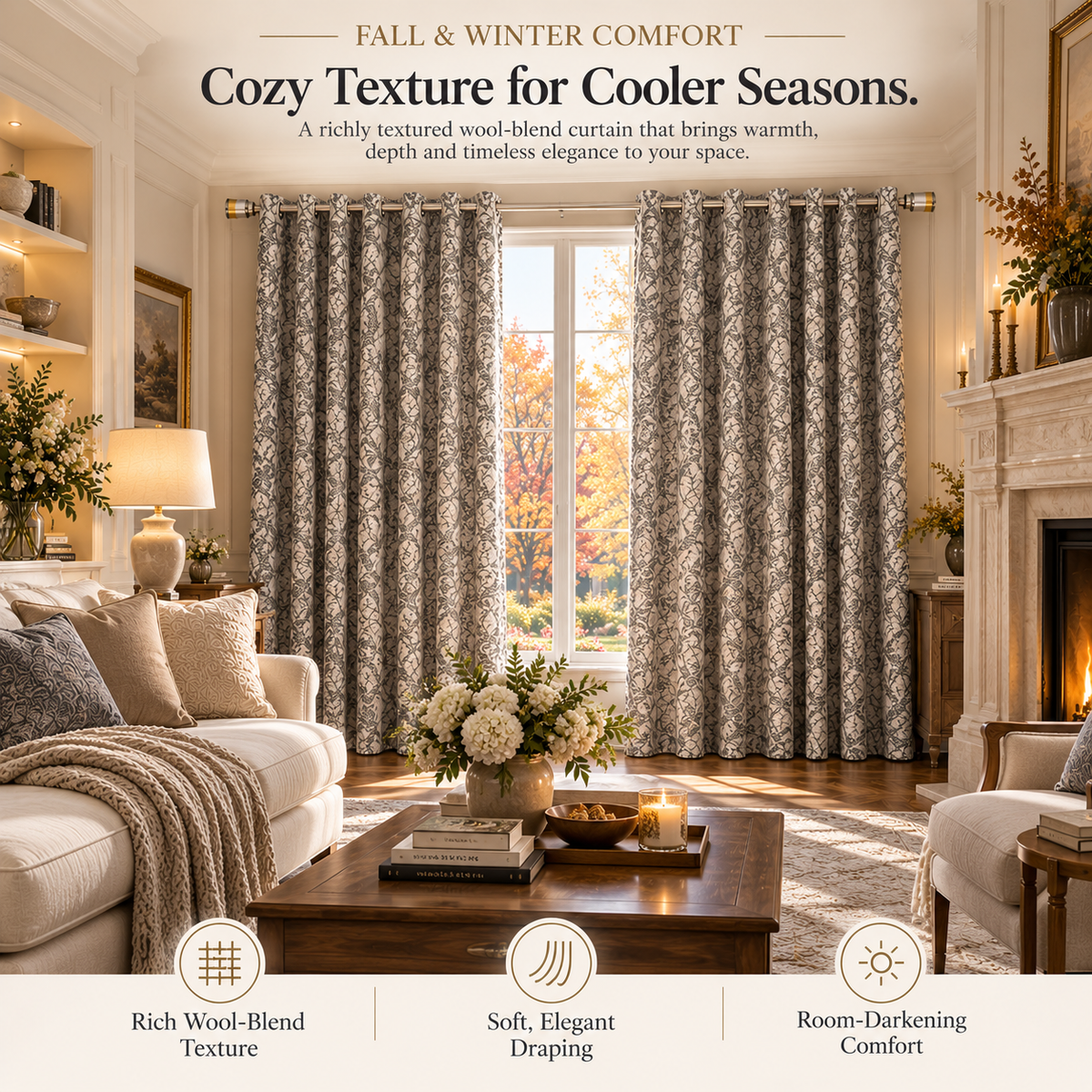 Custom Gray Botanical Wool-Blend Room Darkening Grommet Curtains – 2 Panels