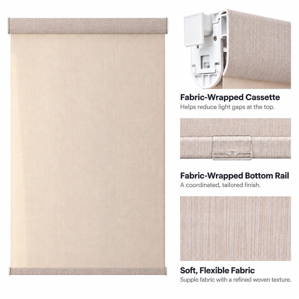 Light-filtering roller blind with fabric-wrapped cassette, matching bottom rail, and soft woven fabric