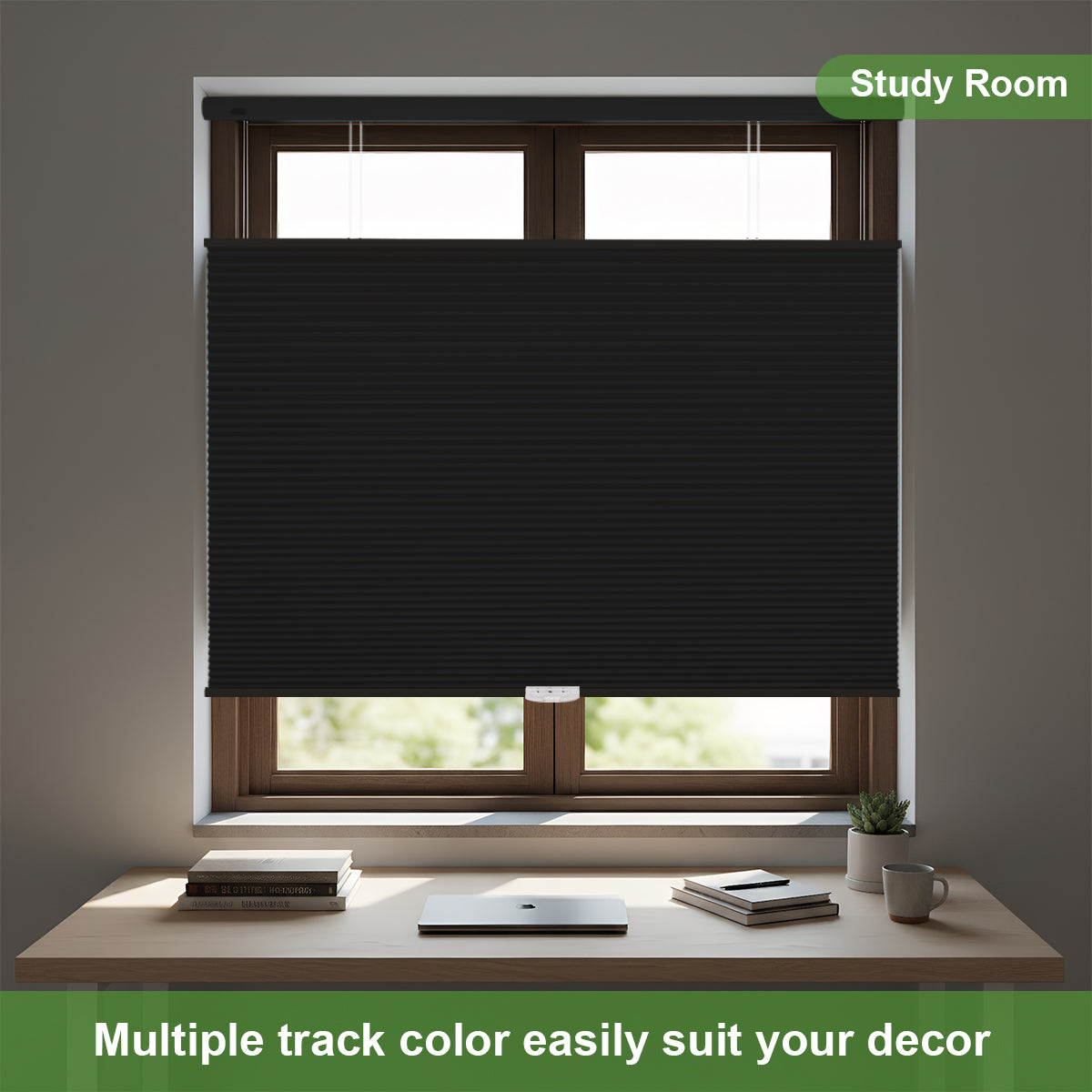 Home office with blackout top down bottom up honeycomb shades allowing natural light