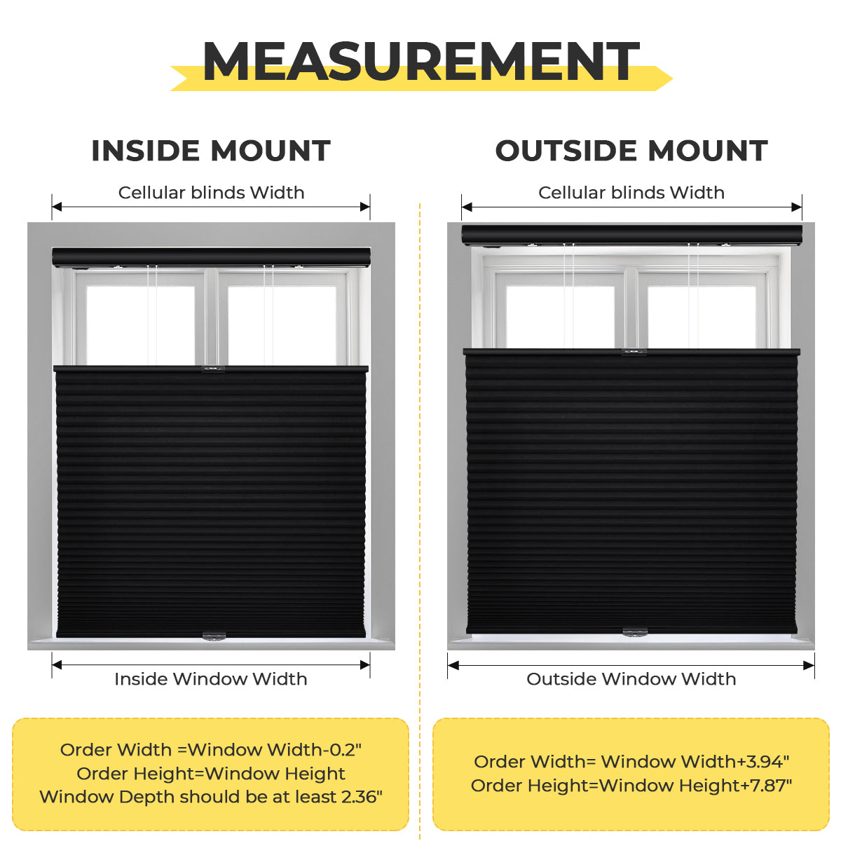 Inside mount and outside mount installation options for honeycomb shades