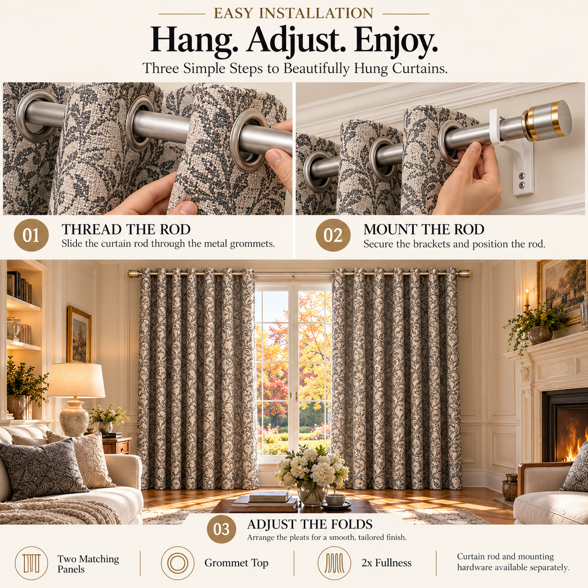 Custom Gray Botanical Wool-Blend Room Darkening Grommet Curtains – 2 Panels