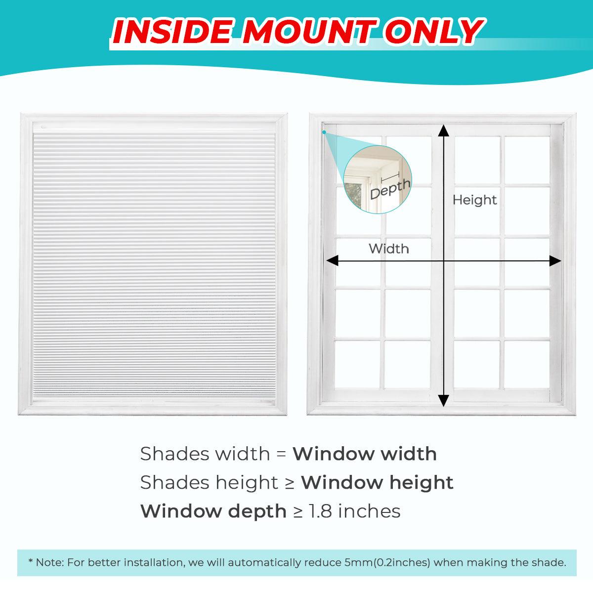 Inside Mount Measurement Guide for Custom No Drill Cordless Blackout Cellular Shades