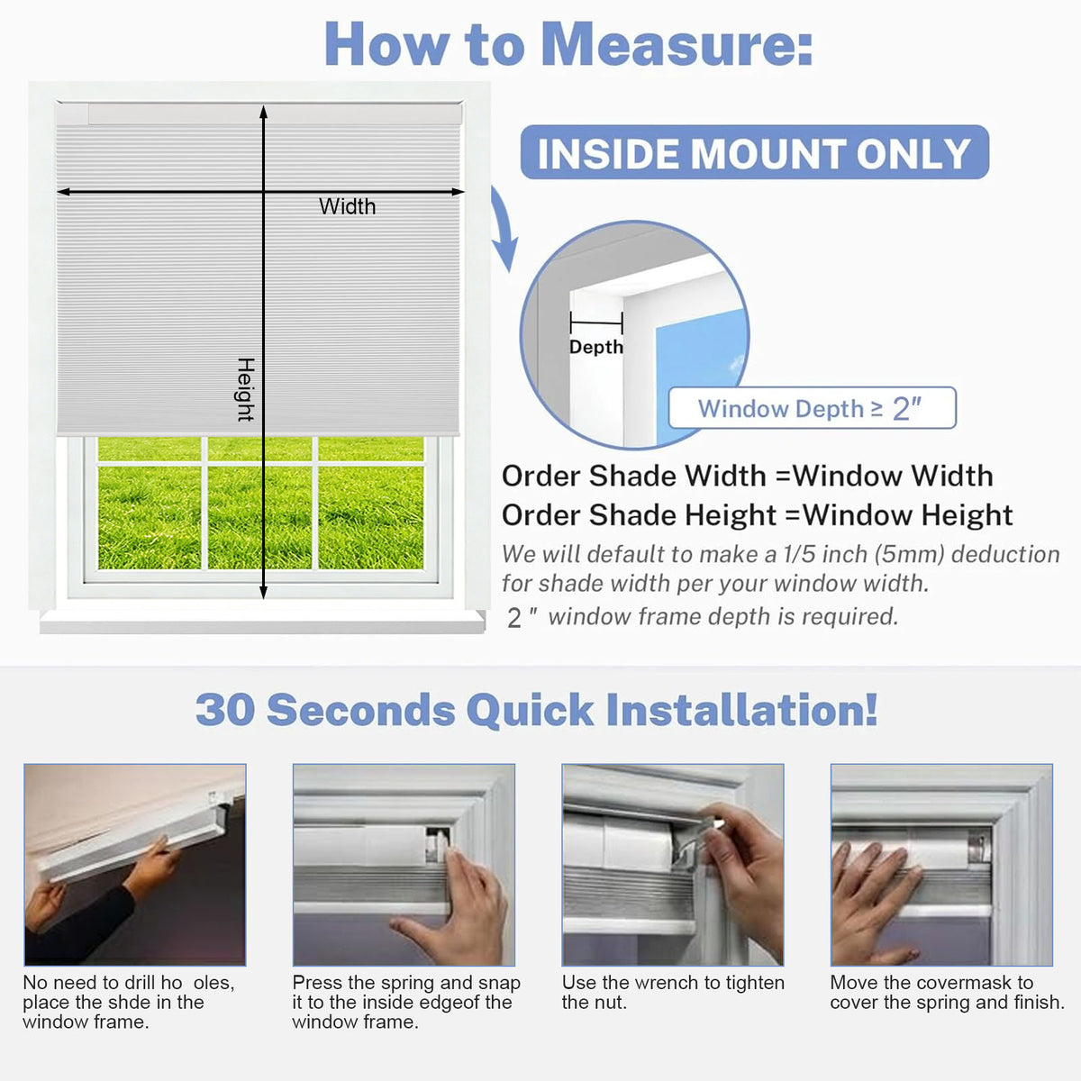 No Drill Blackout Cellular Shades, Cordless 45mm Honeycomb Shades