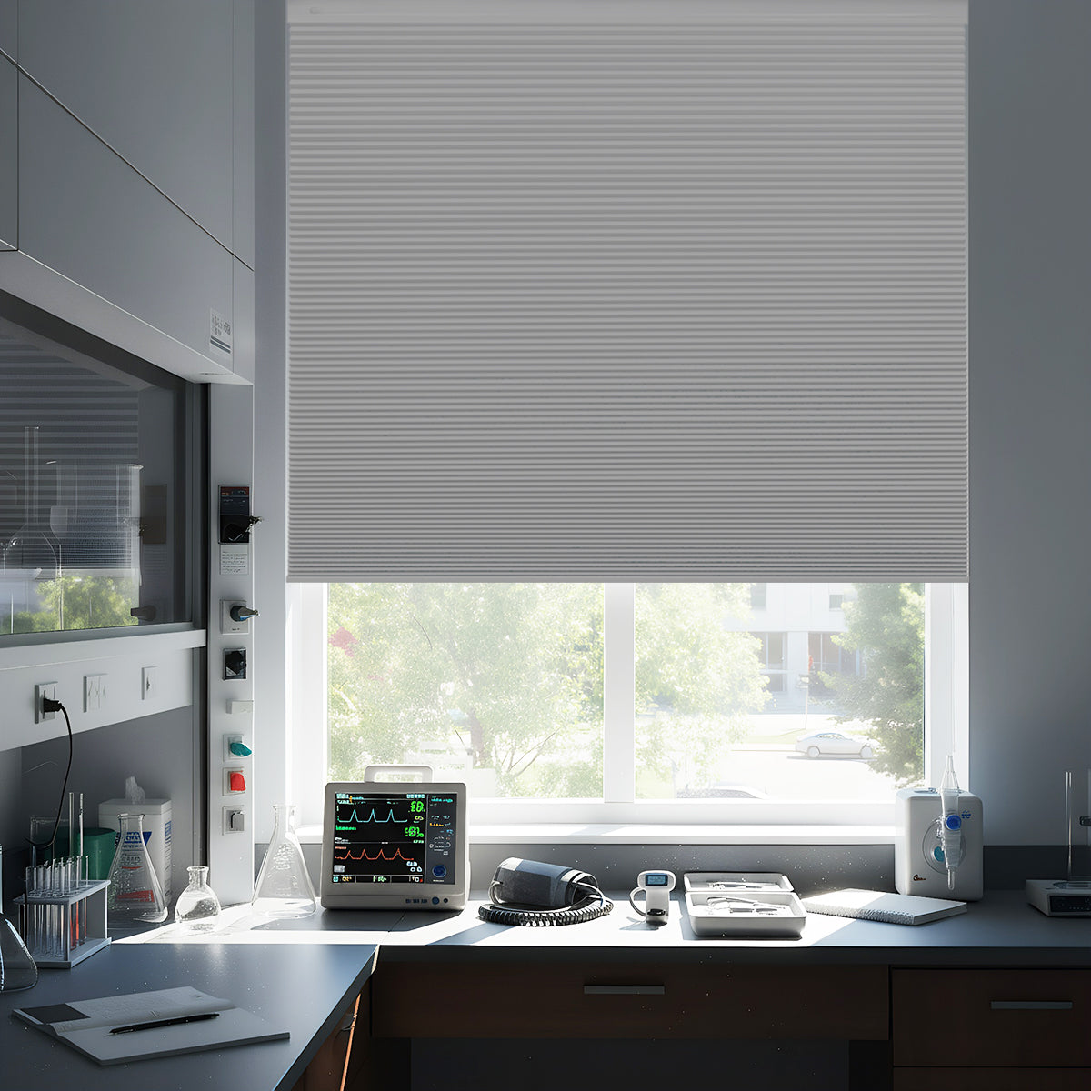 Cordless no-drill top-down bottom-up blackout honeycomb blind installed in a laboratory setting