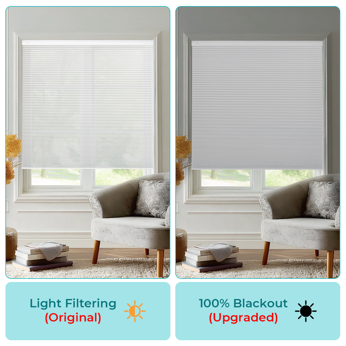 Comparison of light filtering vs. blackout cordless no-drill top-down bottom-up honeycomb blinds, showing light transmission difference