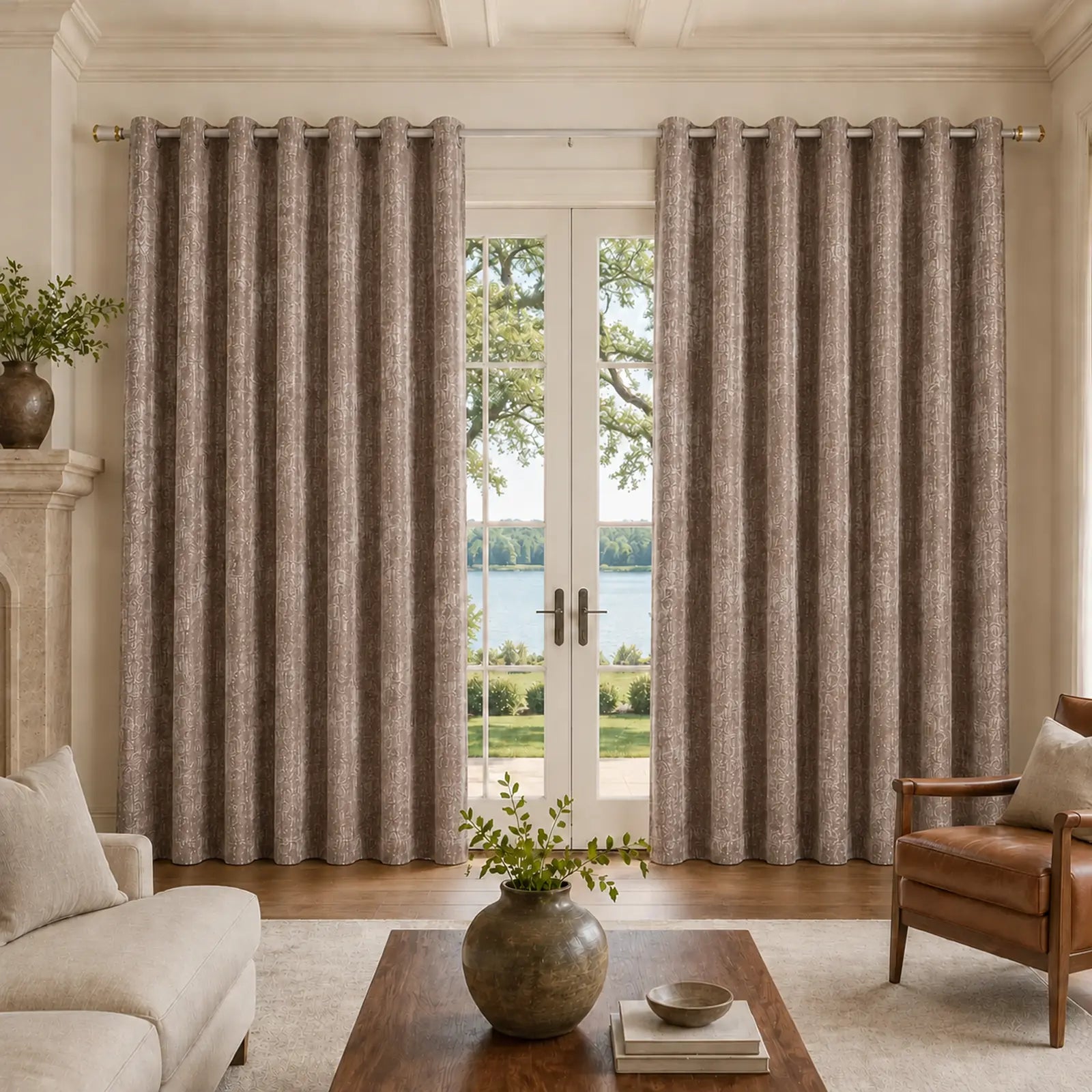 Custom Made-to-Measure Grommet Curtains – Textured Mocha Taupe Window Drapes, 5% Linen, 5% Wool & 90% Polyester