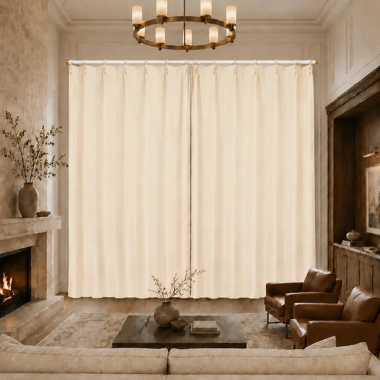 Custom Wool Blend Pinch Pleat Curtains - Made to Measure Warm Ivory Textured Drapes - 25% Wool, 15% Acrylic, 60% Polyester
