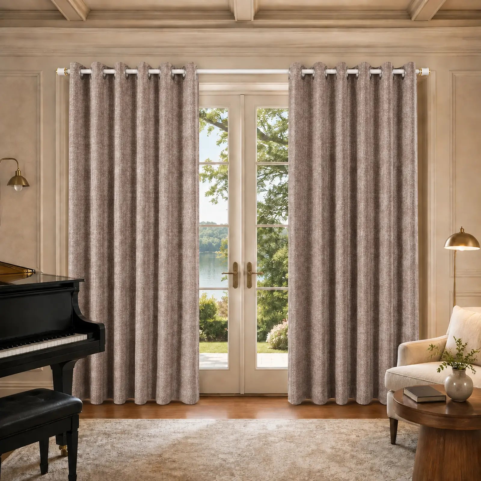 Custom Made-to-Measure Grommet Curtains – Textured Mocha Taupe Window Drapes, 5% Linen, 5% Wool & 90% Polyester