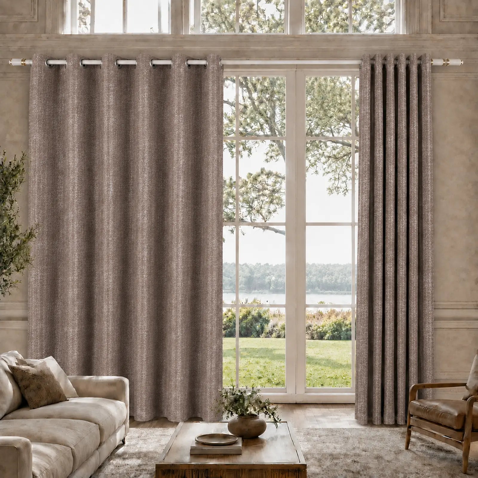 Custom Made-to-Measure Grommet Curtains – Textured Mocha Taupe Window Drapes, 5% Linen, 5% Wool & 90% Polyester