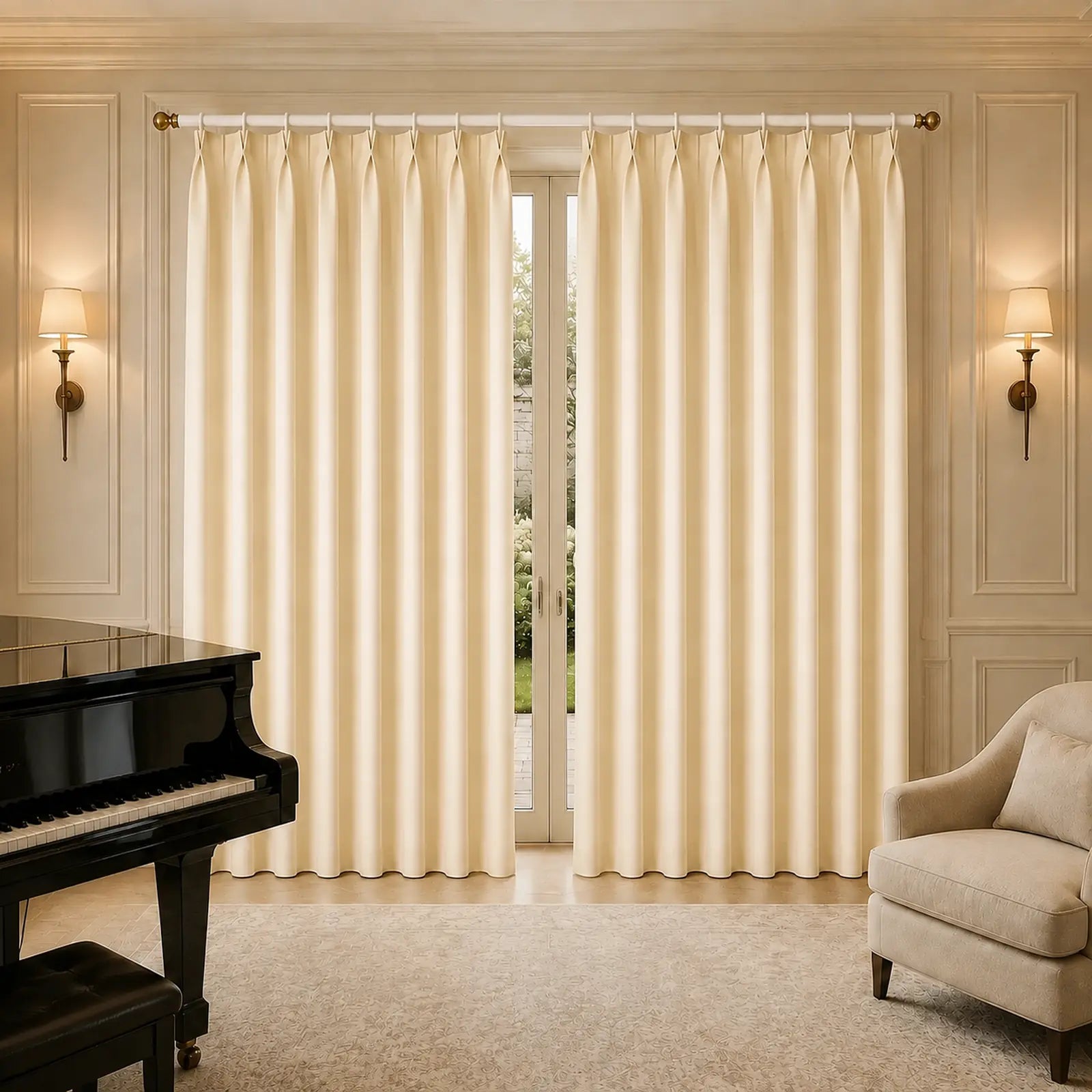 Custom Wool Blend Pinch Pleat Curtains - Made to Measure Warm Ivory Textured Drapes - 25% Wool, 15% Acrylic, 60% Polyester